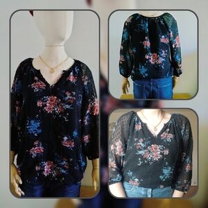 BKE Boutique floral mesh sleeve blouse